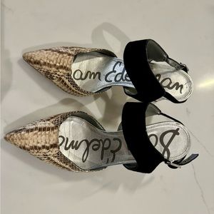 Sam Edelman leather & suede strap pumps, silver heel. pre-owned